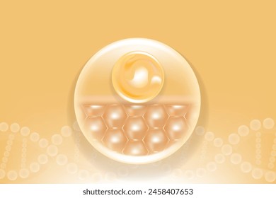 Ácido hialurónico y niacinamida cabello y soluciones de la piel ad, gota de suero de colágeno de oro con fondo de publicidad cosmética listo para usar, ilustración de Vector.	