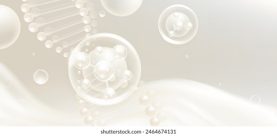 Ácido hialurónico y niacinamida cabello y soluciones de la piel ad, gota de suero de colágeno blanco con fondo de publicidad cosmética listo para usar, ilustración Vector.	