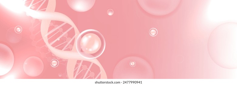 Hyaluronsäure und Niacinamid Haar- und Hautlösungen AD, rosa Kollagen Serumtropfen mit kosmetischem Werbehintergrund gebrauchsfertig, Illustrations-Vektorgrafik.