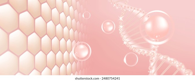 Hyaluronic acid and Niacinamide hair and skin solutions ad, pink collagen serum drops into skin cell with cosmetic advertising background ready to use, illustration vector.	