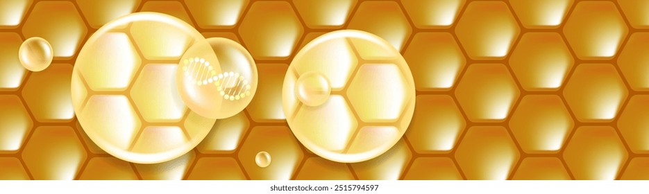 Hyaluronic acid and Niacinamide hair and skin solutions ad, gold collagen serum drops into skin cell with cosmetic advertising background ready to use, illustration vector.	