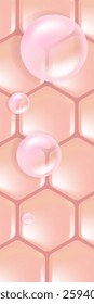 Hyaluronic acid and Niacinamide hair and skin solutions ad, pink collagen serum drops into skin cell with cosmetic advertising background ready to use, illustration vector.	