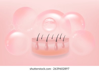 Hyaluronic acid and Niacinamide hair and skin solutions ad, pink collagen serum drops into skin cell with cosmetic advertising background ready to use, illustration vector.	