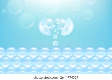 Hyaluronic acid and Niacinamide hair and skin solutions ad, blue collagen serum drops into skin cell with cosmetic advertising background ready to use, illustration vector.	