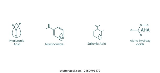 Hyaluronsäure, Niacinamid, Salicylsäure, AHA Vektor Icons Set