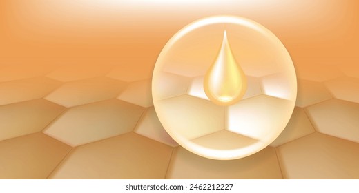 Hyaluronic acid and Niacinamide skin solutions ad. gold collagen serum drops into skin cells with cosmetic advertising background ready to use, illustration vector.	
