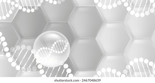 Hyaluronsäure und Niacinamid Hautlösungen ad. Weißes Kollagenserum tropft in Hautzellen mit kosmetischem Werbehintergrund gebrauchsfertig, Illustration Vektorgrafik.