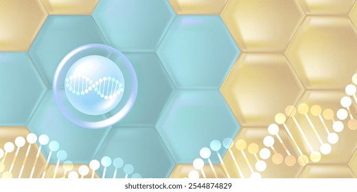 Ácido hialurónico y soluciones para la piel de niacinamida ad. suero de colágeno azul cae en las células de la piel con fondo de publicidad cosmética listo para usar, Vector de ilustración.