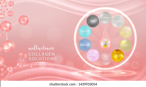 Hyaluronic acid plus multivitamins and mineral skin solutions ad, pink collagen serum drop with cosmetic advertising background ready to use, illustration vector.