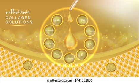 Hyaluronic acid plus multivitamins and minerals skin solutions ad, gold collagen serum drop with cosmetic advertising background ready to use, illustration vector.