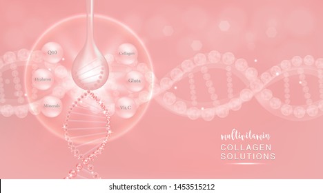 Hyaluronic acid plus multivitamins and minerals skin solutions ad, pink collagen serum drop with cosmetic advertising background ready to use, illustration vector.