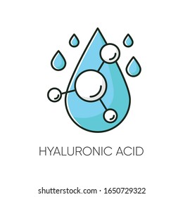 Hyaluronic acid RGB color icon. Hydrating chemical formula. Collagen to prevent wrinkles. Anti-aging effect. Water drop. Korean beauty. Cosmetic ingredient. Isolated vector illustration