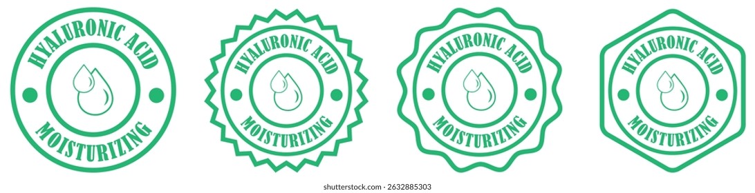 Hyaluronic acid rounded badge collection set on white background. Hyaluronic moisture drop icon badge. Official product stamp for skincare. Cosmetic regulation badge icon. Vector illustration