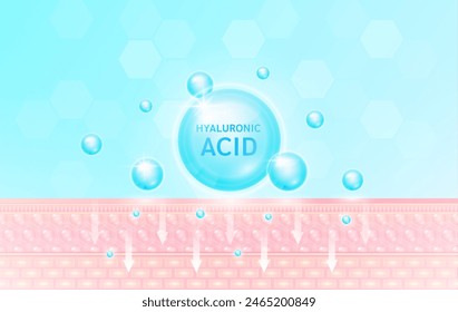 Gotas azules de ácido hialurónico absorbidas en la capa celular de la piel cada vez más jóvenes. Para publicidad cosmética. Belleza médica. Vector EPS10.