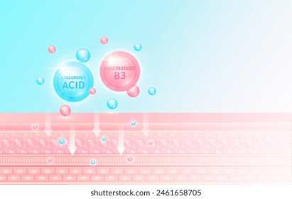 Gotas de ácido hialurónico azul y niacinamida o vitamina B3 rosa absorbidas en la capa celular de la piel cada vez más jóvenes. Para publicidad cosmética con espacio vacío para texto. Belleza médica. Vector EPS10.