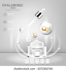 Hyaluronic Acid Serum Collagen and Vitamin Vector Background Concept Skin Care Cosmetic Product.