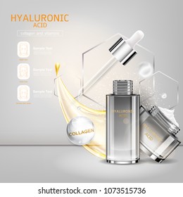 Hyaluronic Acid Serum Collagen and Vitamin Vector Background Concept Skin Care Cosmetic Product.