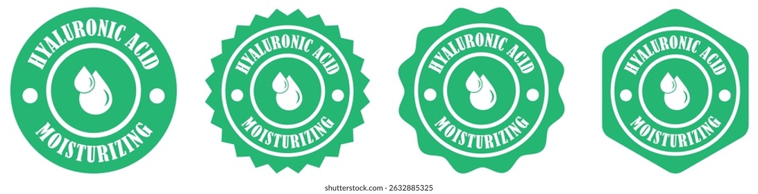Coleção de sinais de ácido hialurônico definida no fundo branco. Design de etiqueta hidratante de ácido hialurônico. Crachá de produto de cuidados com a pele com gota d'água. Carimbo hidratante para produto de beleza. Ilustração vetorial 