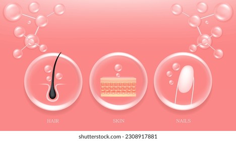 Solución de clavos de piel de ácido hialurónico y colágeno rosa, caída de suero de colágeno con fondo publicitario estético listo para usar, vector de ilustración.