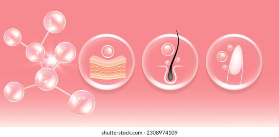 Solución de clavos de piel de ácido hialurónico y colágeno rosa, caída de suero de colágeno con fondo publicitario estético listo para usar, vector de ilustración.