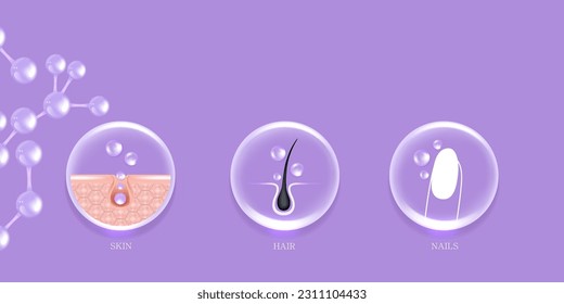 Hyaluronic acid skin hair nails solutions ad, purple collagen serum drop with cosmetic advertising background ready to use, illustration vector.