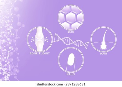 Hyaluronic acid skin hair nails bone and joint solutions ad, purple collagen serum drop with cosmetic advertising background ready to use, illustration vector.	