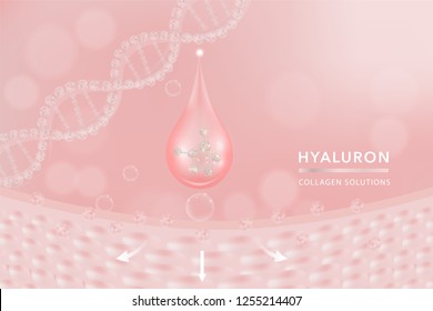 Hyaluronic acid skin solutions ad, pink collagen serum drop with cosmetic advertising background ready to use, vector illustration.