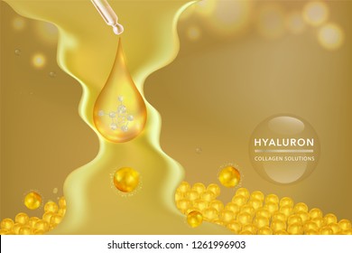 Hyaluronic acid skin solutions ad, gold collagen serum drop with cosmetic advertising background ready to use, vector illustration.	