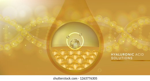 Hyaluronic acid skin solutions ad, gold collagen serum drop with cosmetic advertising background ready to use, vector illustration.