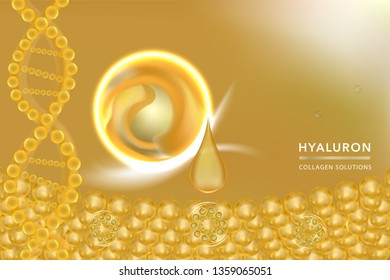 Hyaluronic acid skin solutions ad, gold collagen serum drop with cosmetic advertising background ready to use, vector illustration.	
