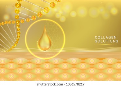 Hyaluronic acid skin solutions ad, gold collagen serum drop with cosmetic advertising background ready to use, vector illustration.