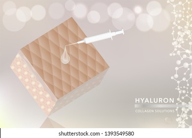 Hyaluronic acid skin solutions ad, white collagen serum drop with cosmetic advertising background ready to use, syringe in 3d illustration.	