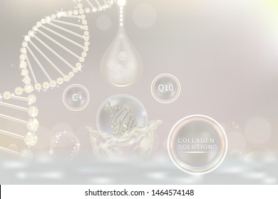 Hyaluronic acid skin solutions ad, white collagen serum drop with cosmetic advertising background ready to use, illustration vector.