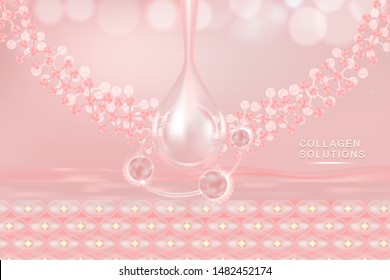 Hyaluronic acid skin solutions ad, pink collagen serum drop with cosmetic advertising background ready to use, illustration vector.