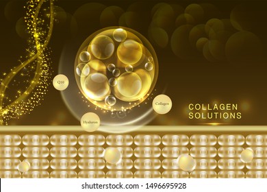  Hyaluronic acid skin solutions ad, gold collagen serum drop with cosmetic advertising background ready to use, illustration vector.