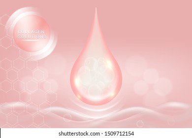 Hyaluronic acid skin solutions ad, pink collagen serum drop with cosmetic advertising background ready to use, illustration vector.	
