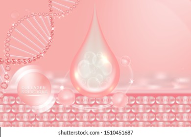Hyaluronic acid skin solutions ad, pink collagen serum drop with cosmetic advertising background ready to use, illustration vector.	
