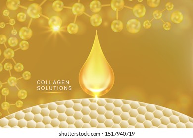 Hyaluronic acid skin solutions ad, gold collagen serum drop with cosmetic advertising background ready to use, illustration vector.	