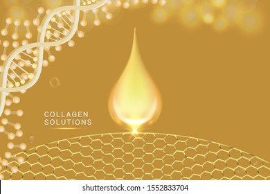Hyaluronic acid skin solutions ad, gold collagen serum drop with cosmetic advertising background ready to use, illustration vector.	