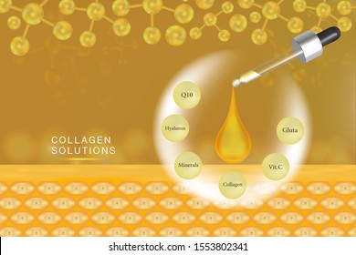 Hyaluronic acid skin solutions ad, gold collagen serum drop with cosmetic advertising background ready to use, illustration vector.	
