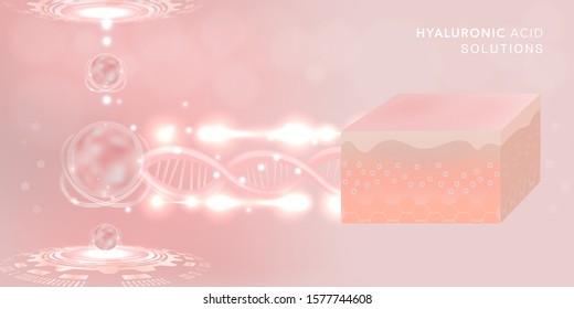 Hyaluronic acid skin solutions ad, pink collagen serum drop with cosmetic advertising background ready to use, illustration vector.	