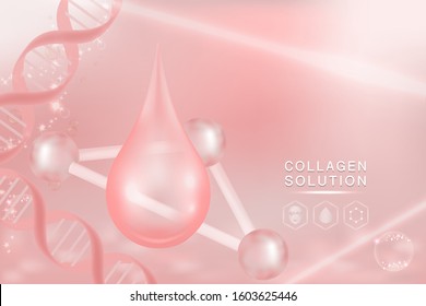 Hyaluronic acid skin solutions ad, pink collagen serum drop with cosmetic advertising background ready to use, illustration vector.	
