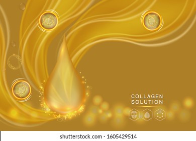 Hyaluronic acid skin solutions ad, gold collagen serum drop with cosmetic advertising background ready to use, illustration vector.	