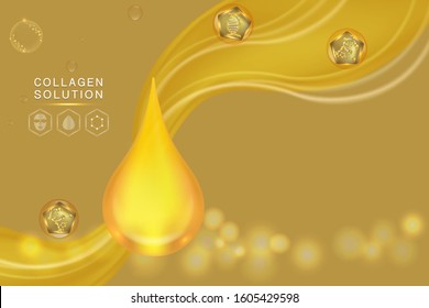 Hyaluronic acid skin solutions ad, gold collagen serum drop with cosmetic advertising background ready to use, illustration vector.	