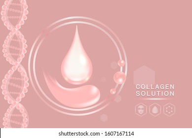 Hyaluronic acid skin solutions ad, pink collagen serum drop with cosmetic advertising background ready to use, illustration vector.	
