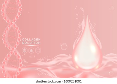 Hyaluronic acid skin solutions ad, pink collagen serum drop with cosmetic advertising background ready to use, illustration vector.	
