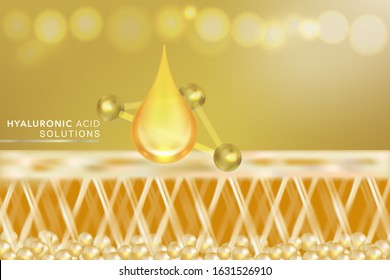 Hyaluronic acid skin solutions ad, gold collagen serum drop with cosmetic advertising background ready to use, illustration vector.	