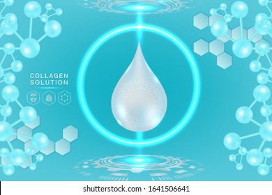 Hyaluronic acid skin solutions ad, blue collagen serum drop with cosmetic advertising background ready to use, illustration vector.	