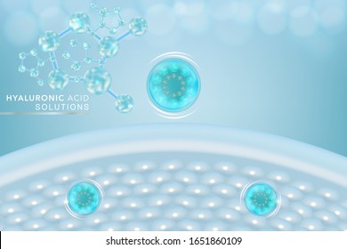 Hyaluronic acid skin solutions ad, blue collagen serum drop with cosmetic advertising background ready to use, illustration vector.	