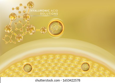 Hyaluronic acid skin solutions ad, gold collagen serum drop with cosmetic advertising background ready to use, illustration vector.	